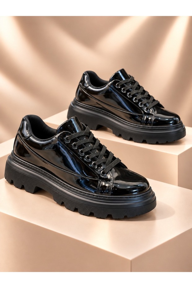 BayTuluk BT-X24 Black Patent Leather Black Platform Sole Men's Casual Sneakers