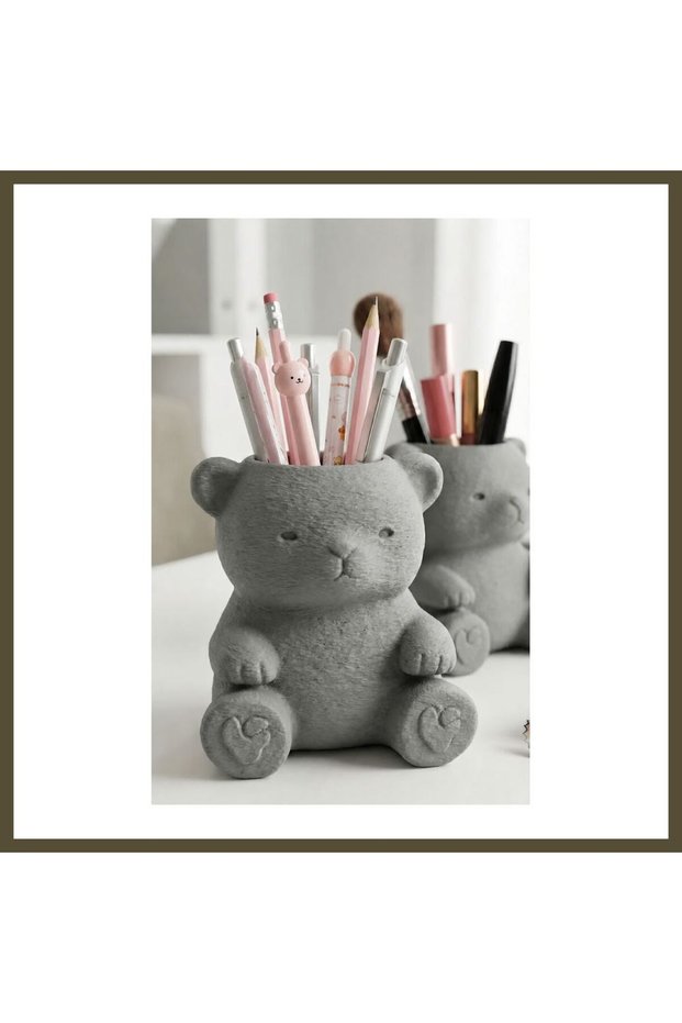 3D-Printed Cute Teddy Bear Print Pencil Holder - Desktop Organizer - Gray BX