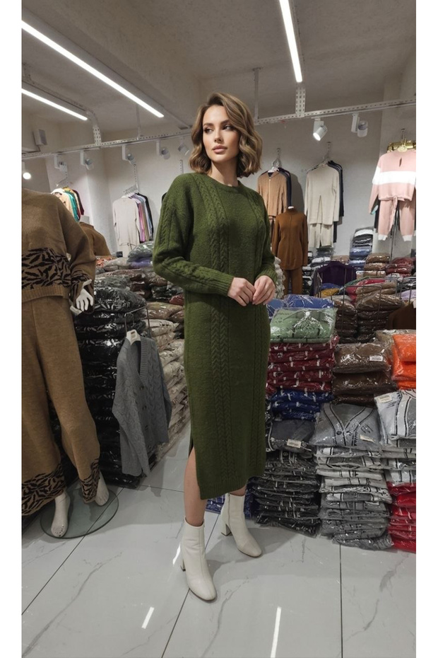 Round-Neck, Long-Sleeved, Braided-Side, Side Slit, Soft-Textured Midi Length Knit Dress