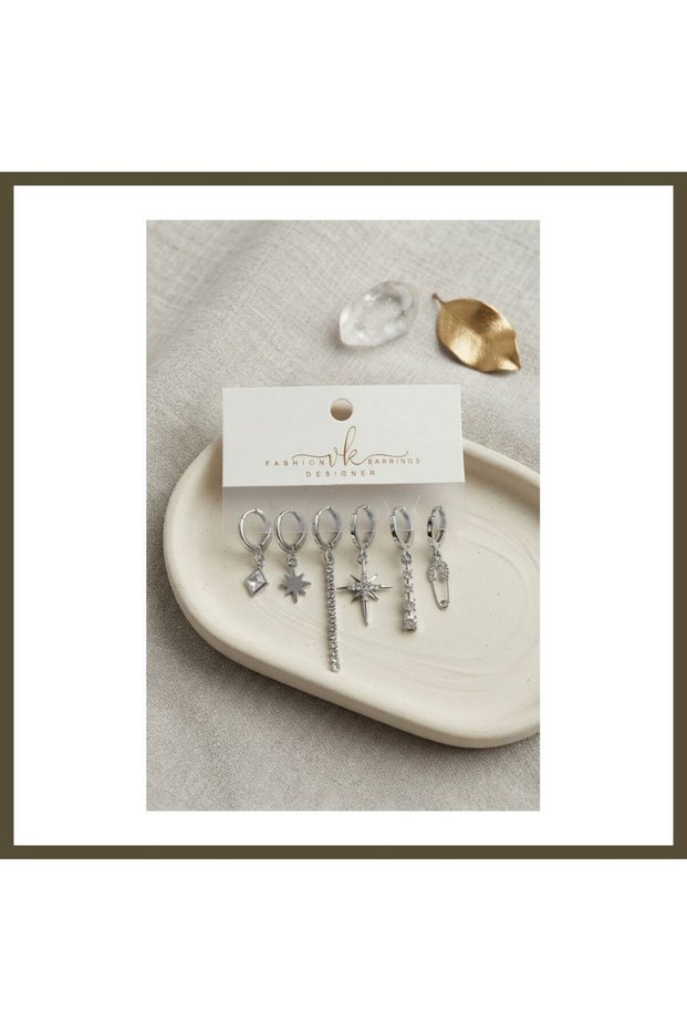 Silver-Toned Brass Earring Set of 6 with Stone Embellishments, Combination BX