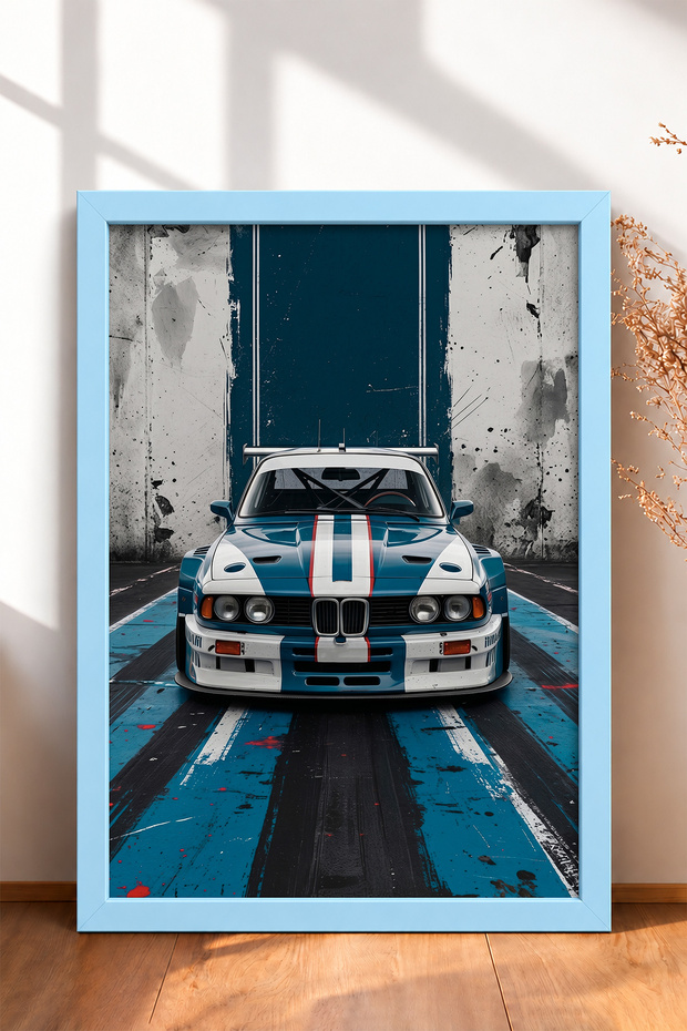 Classic Race Car with Blue and White Stripes—Framed Art Print, Car Poster, Wall Decor OTO179