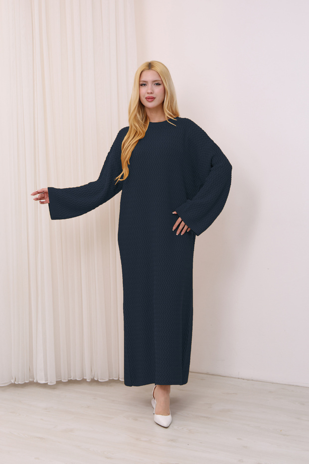 Crew Neck, Long-Sleeved, Loose Fit, Oversized, Knitted, Textured, Ankle-Length, Long Knit Dress