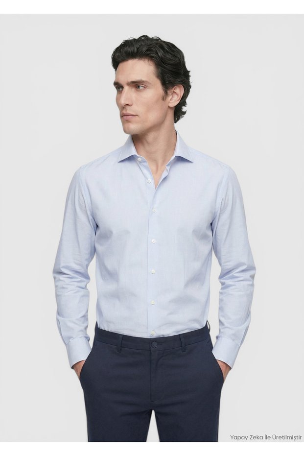 Blue Striped Regular Fit Long Woven Classic Cotton Blend Shirt