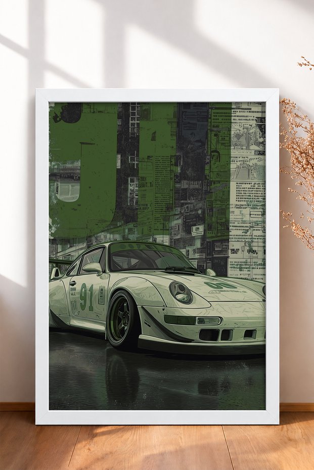 Green-Toned Retro Collage Sports Car Framed Art Print / Car Poster for Garage or Office Wall Decor OTO180