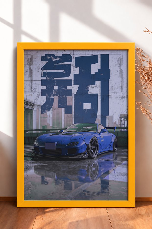 Framed Painting of a Blue Japanese Drift Car in a Wet Attic—Car Poster, Wall Decor OTO183