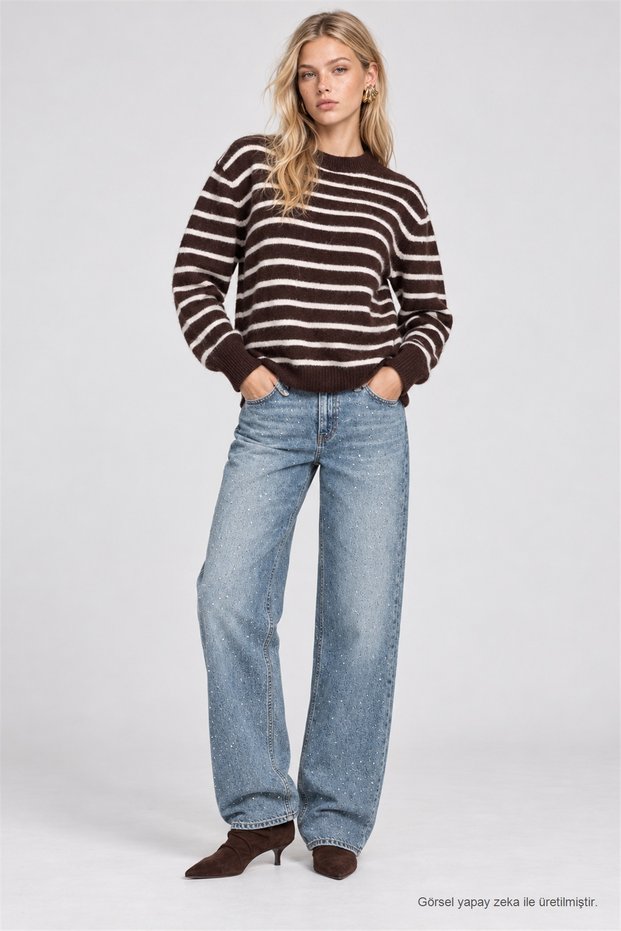 Striped Wool Blend Knit Sweater LYY0157 DARK BROWN BONE