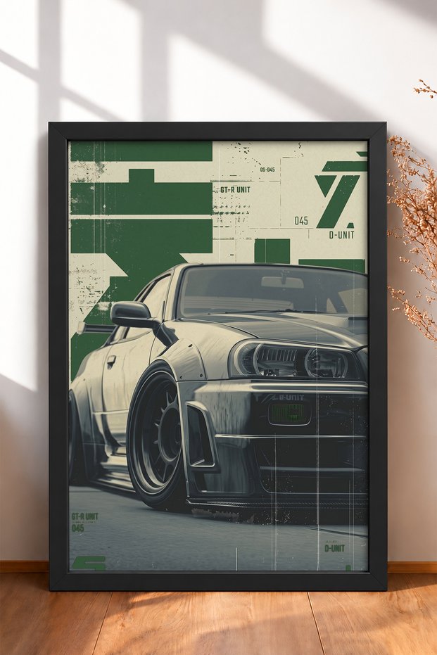 Framed Japanese Sports Car Poster with Green Graphic Design—Car Poster, Wall Decor OTO184