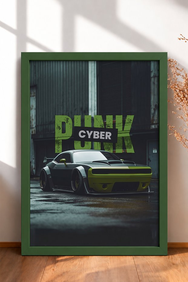 Green and Black Wide-Body Muscle Car Framed Art Print / Car Poster for Garage or Office Wall Decor OTO192