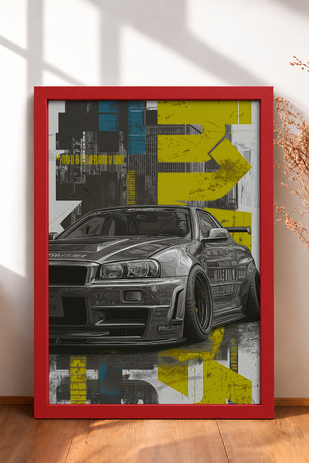 Yellow Typographic Japanese Sports Car Framed Art Print / Car Poster for Garage or Office Wall Decor OTO189