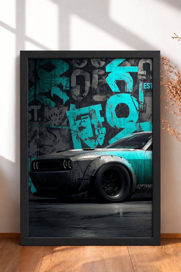 Turquoise Graphite-Accented Wide-Body Muscle Car Framed Art Print Car Poster Wall Decor OTO193