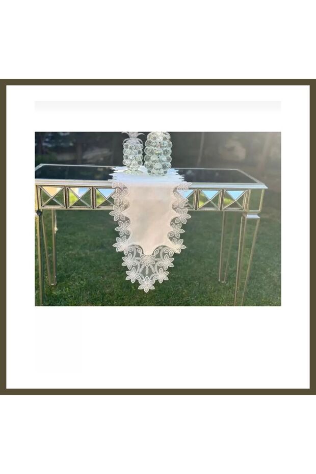 5-Piece Living Room Set with Lace-Trimmed Linen Tablecloth and Table Runner Set, Bridal Set, Selena Model No. BX