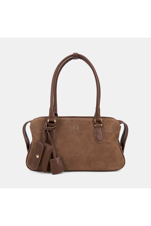 Women's Taupe Color Mini Shoulder Bag with Charm Accents and Textured Suede