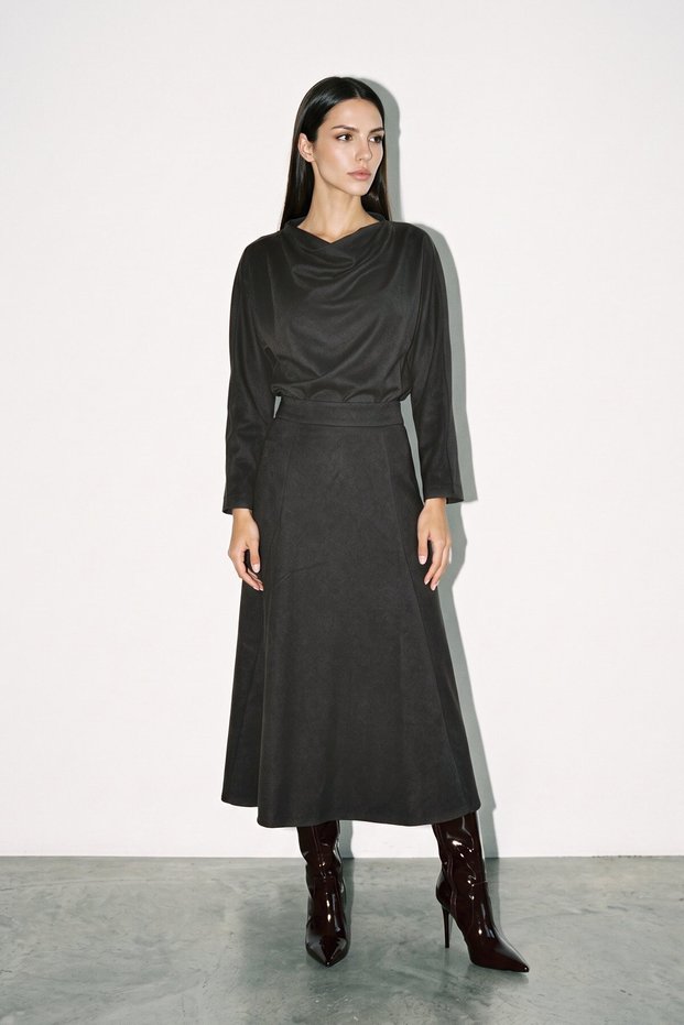 Bitter Coffee Flared Midi Length Skirt