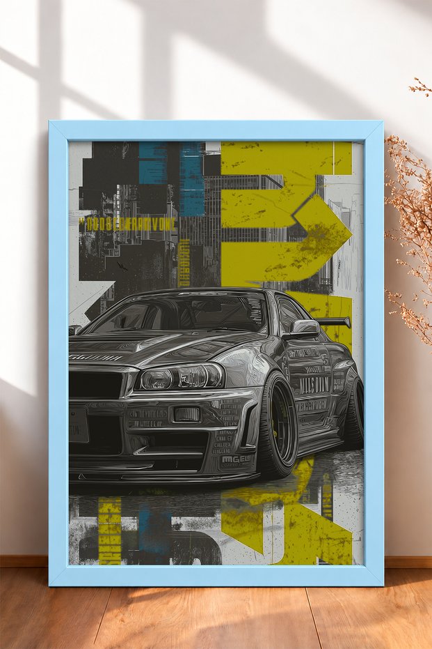 Yellow Typographic Japanese Sports Car Framed Art Print / Car Poster for Garage or Office Wall Decor OTO189
