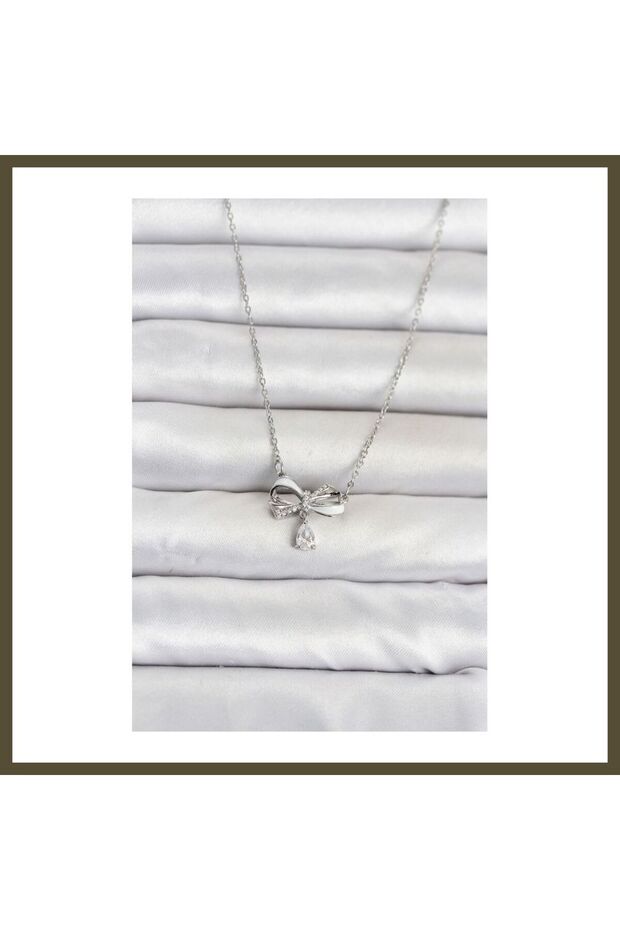 316L Stainless Steel Chain, Silver-Colored Bow Detail Women's Necklace BX