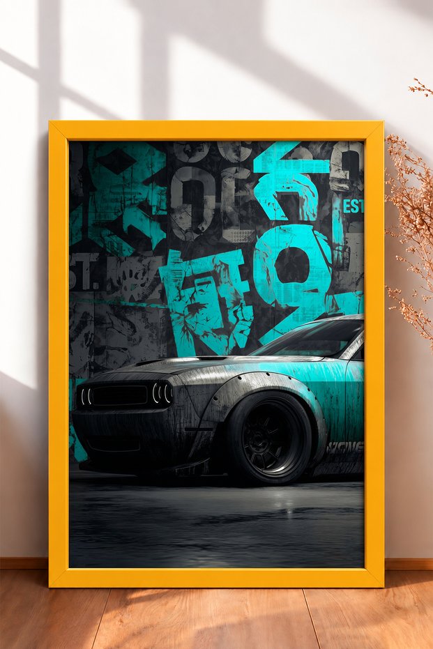 Turquoise Graphite-Accented Wide-Body Muscle Car Framed Art Print Car Poster Wall Decor OTO193