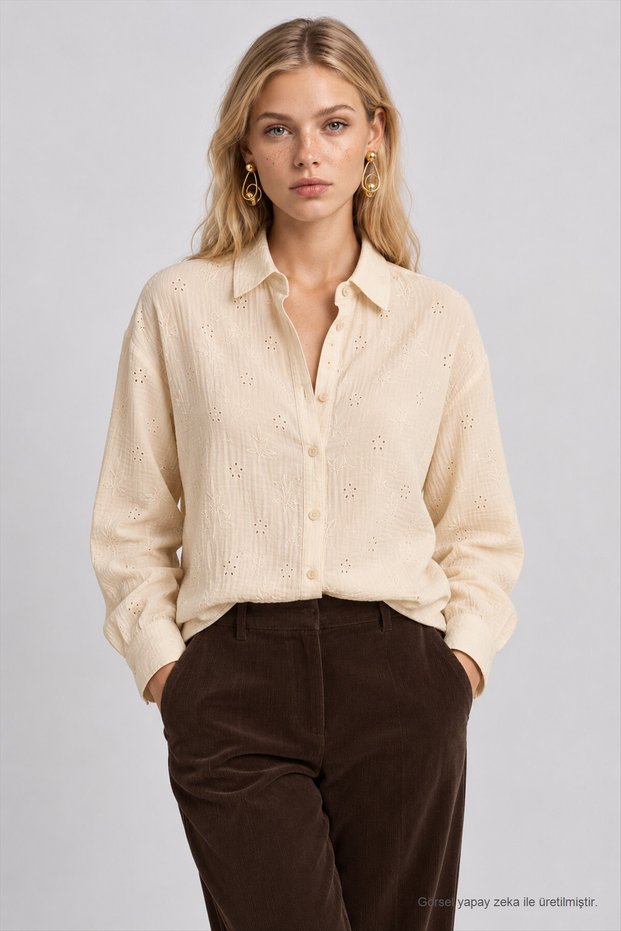 Embroidered Transitional Muslin Shirt LHF0038 BEIGE