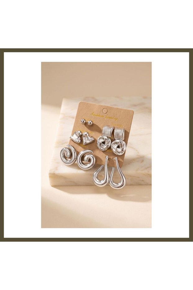 Silver-Colored Metallic-Plated CCB 6-Pair Earring Set BX