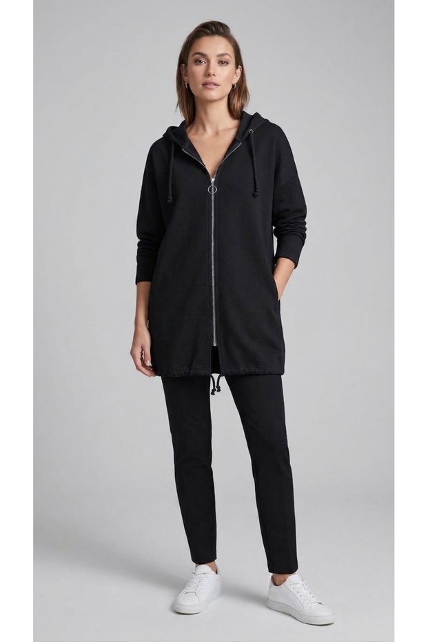 Women's Black Long Hooded Zip Detail Tunic with Sequin Details