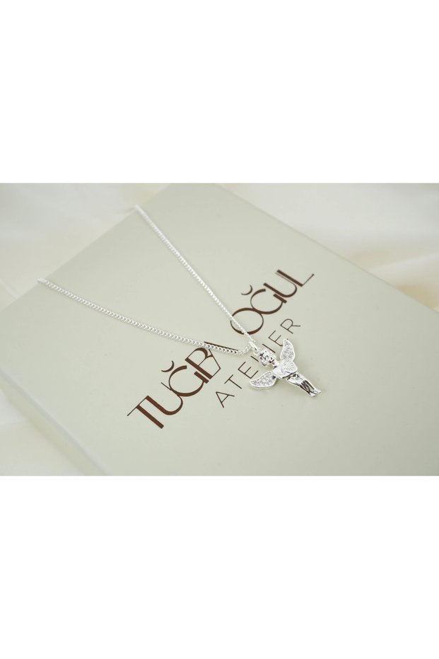 KOL954 Silver-Colored Necklace with a Zircon-Set Angel Figurine