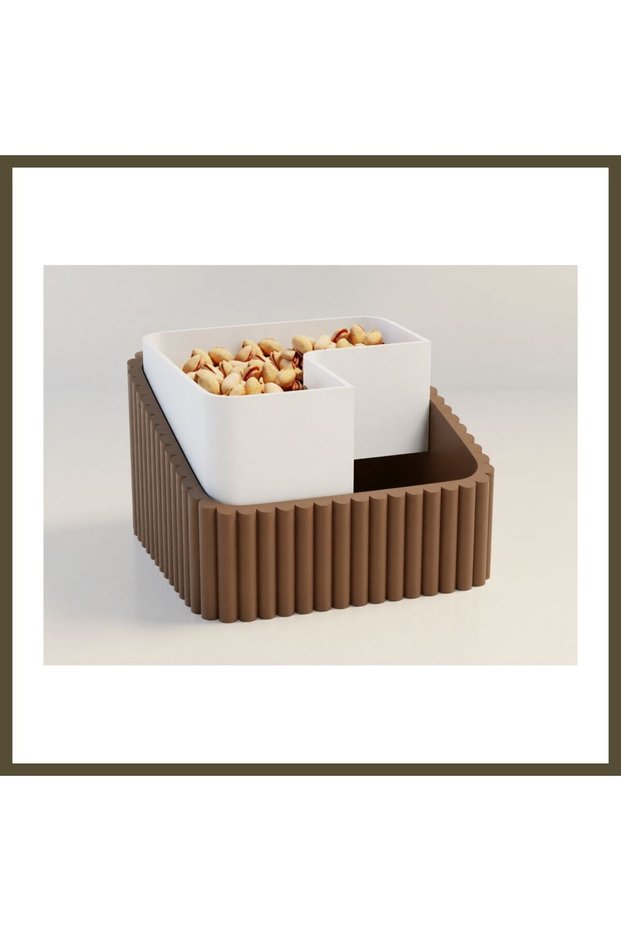 3D-Printed Pistachio Bowl - Dual-Chambered Shell Separator Serving Bowl - Brown and White BX