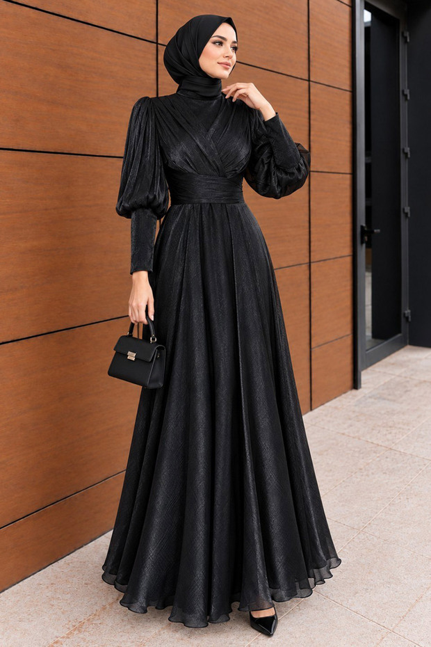 Draped Balloon-Sleeve Sparkling Black Modest Evening Gown 50170S