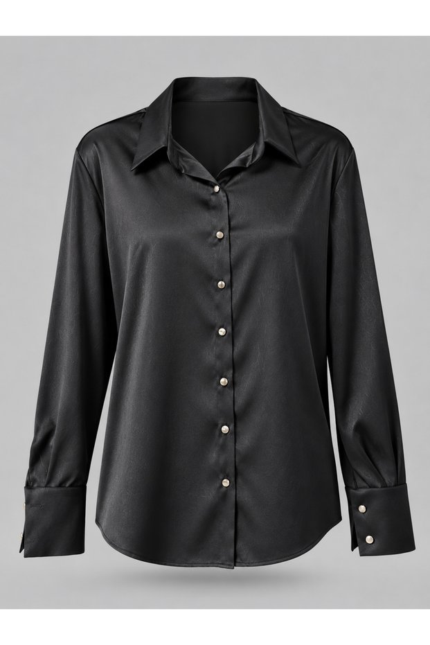 ALFATEKS Women's Satin Shirt, Long-Sleeved, Drapey, Relaxed Fit, Classic Collar, Button-Down