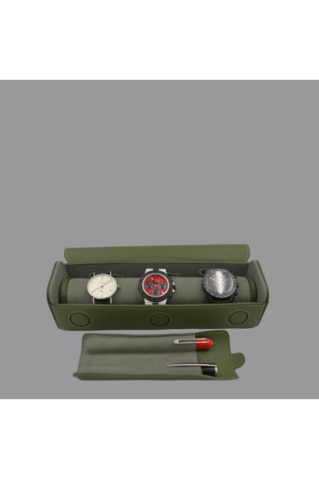 Green watch and pen case.