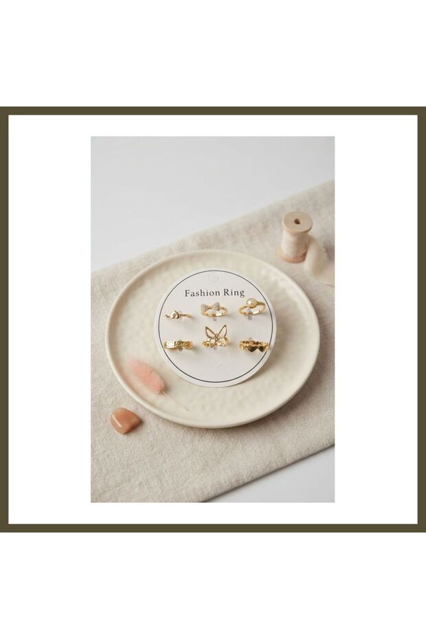 Gold-Colored Brass Ring Set of 6 with Butterfly Details BYK4307 BX