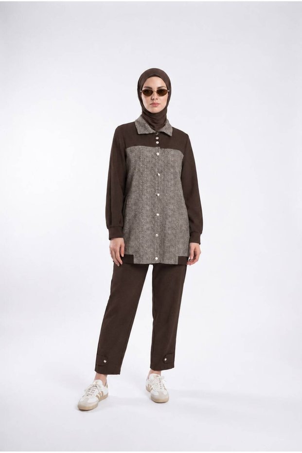 Loose-Fit Two-Piece Set with Collar Detail, Patterned, and Snap Buttons