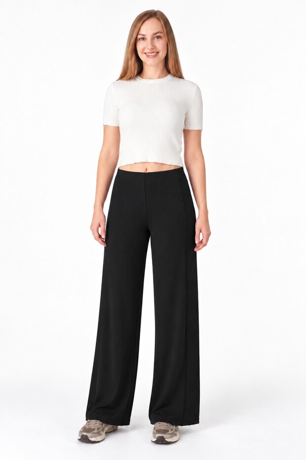 Women's Black Striped Wide-Leg Pants with Side Panel Details