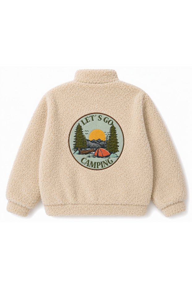 Camp Detailed Plush Bomber Jacket - Beige