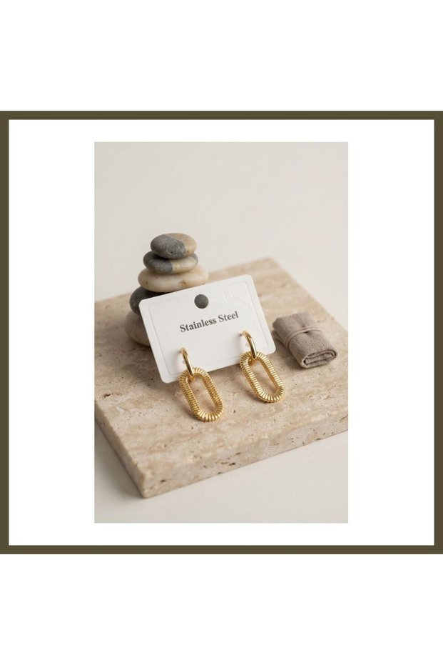 316L Gold-Colored Serrated Paperclip-Shaped Earrings BX
