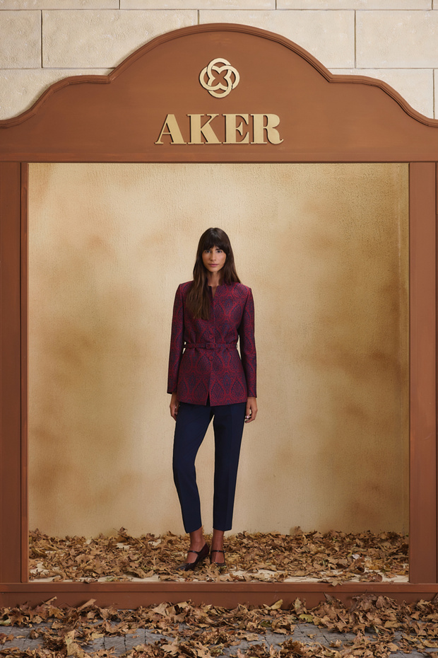 Burgundy Jacquard Jacket with a Stand-Up Collar