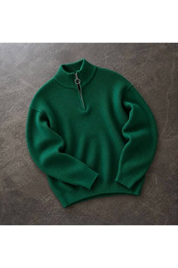 Men's Half-Zipper Stand Collar Ribbed Knit Sweater