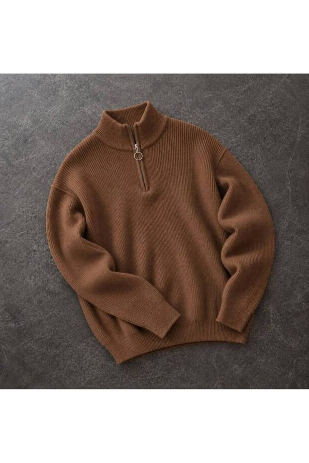 Men's Half-Zipper Stand Collar Ribbed Knit Sweater