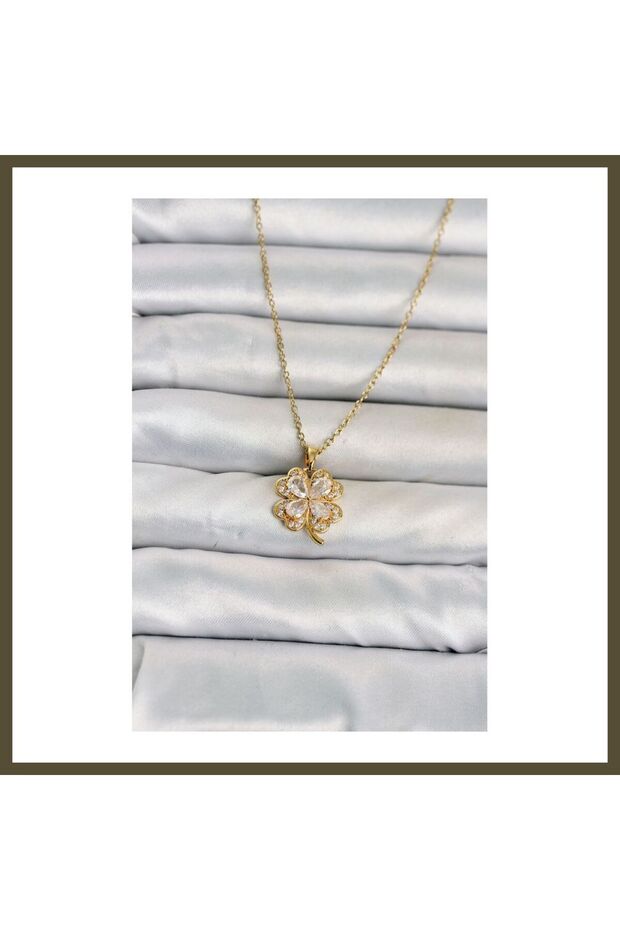 316L Stainless Steel Chain, Gold-Toned, 4-Leaf Clover Design Women's Necklace BX