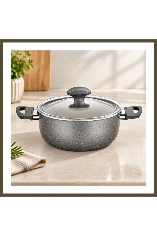 Granite-Coated Deep Pot, 22 cm, with Glass Lid, BX