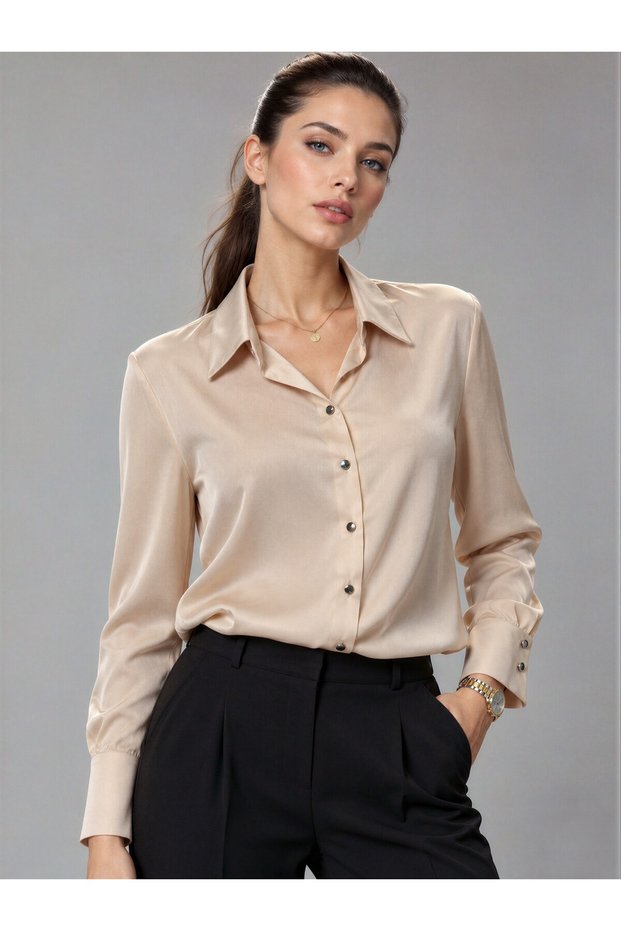ALFATEKS Women's Satin Shirt, Long-Sleeved, Drapey, Relaxed Fit, Classic Collar, Button-Down