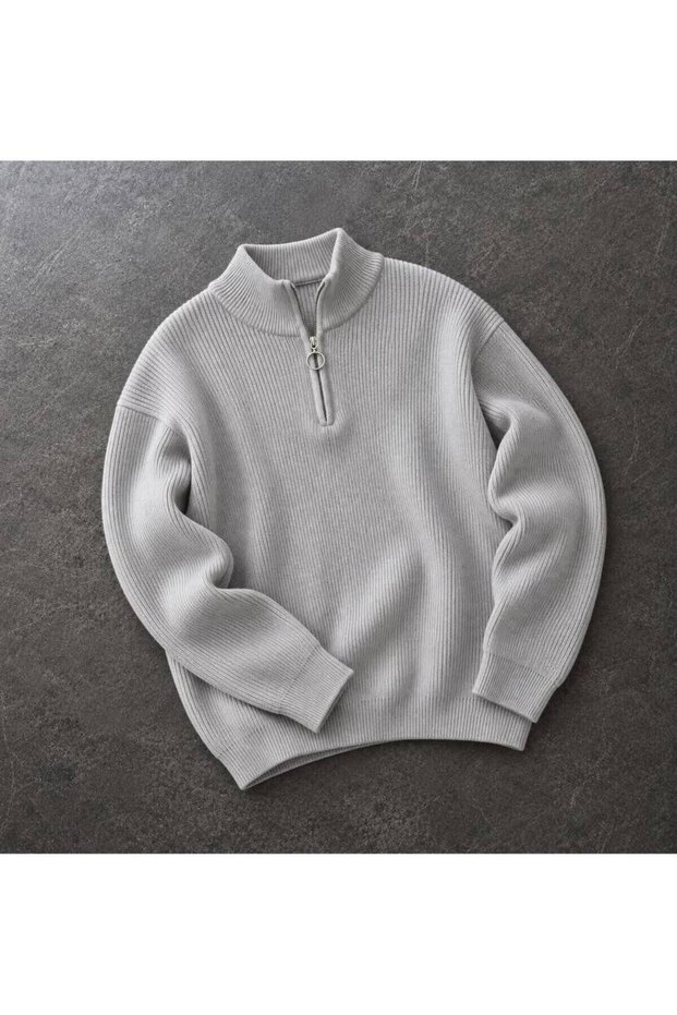 Men's Half-Zipper Stand Collar Ribbed Knit Sweater