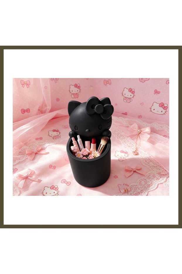 3D-Printed Pencil Holder with Cute Cat Figure and Bow Detail - Desktop Organizer - Black BX
