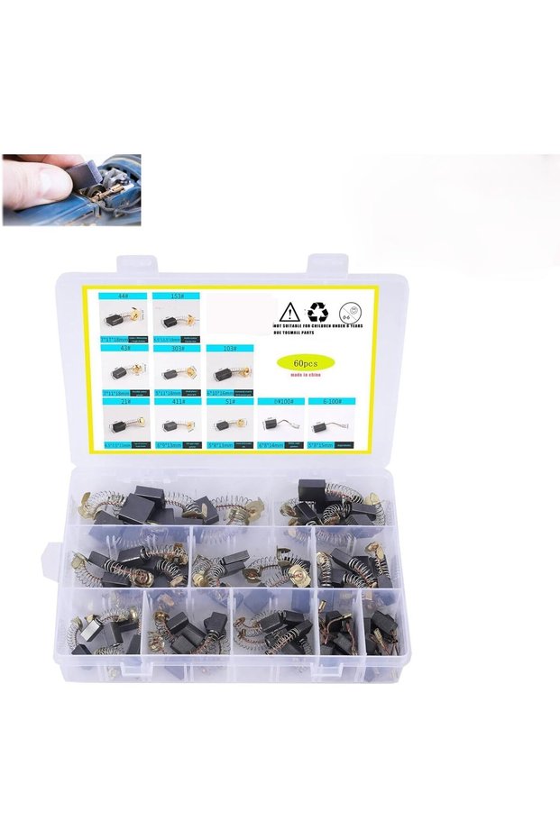 Motor Carbon Brushes, 60 PCS Replacement Set, 10 Sizes, Durable Graphite Material, Compatible
