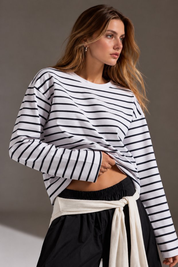 Women's Black and White Striped Cotton Crew Neck Oversized Blouse