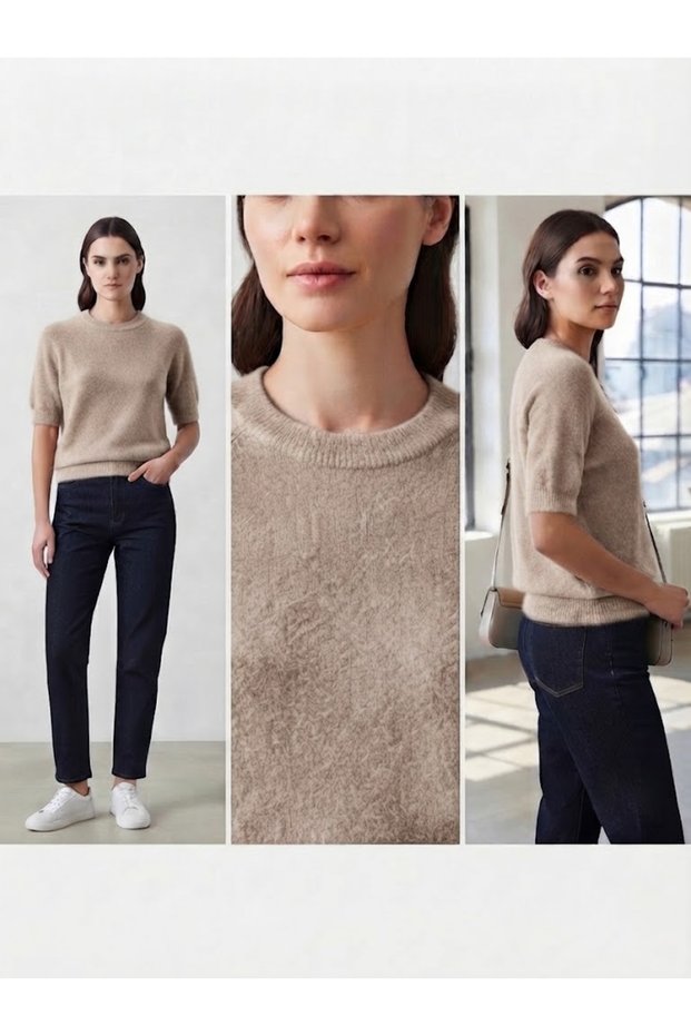 Women's Italian-Style Crew Neck Short-Sleeve Solid-Color Knit Blouse