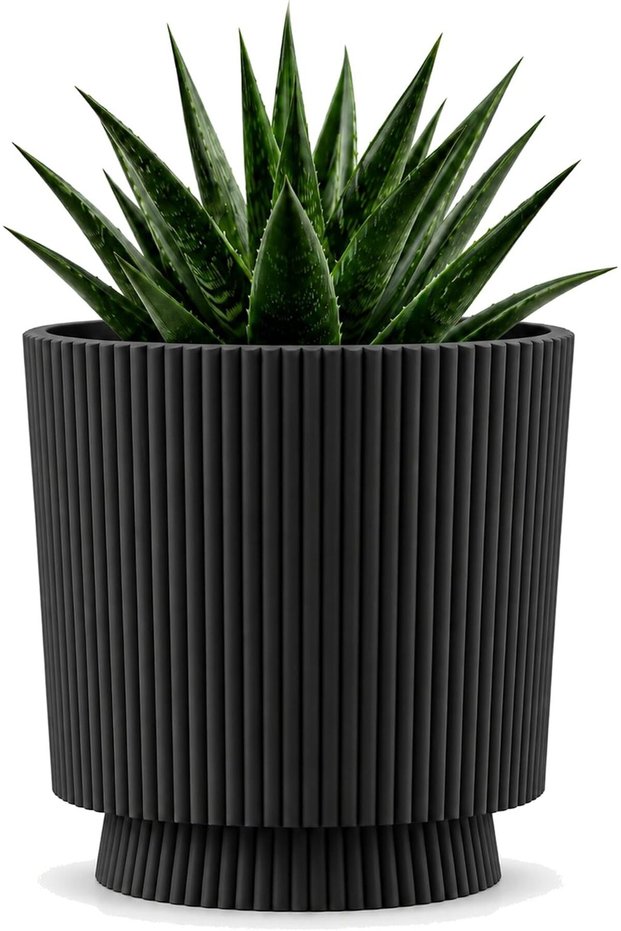 Small Ribbed Planter with Twist-Lock Drip Tray, Modern Indoor Pot for Succulents, Black