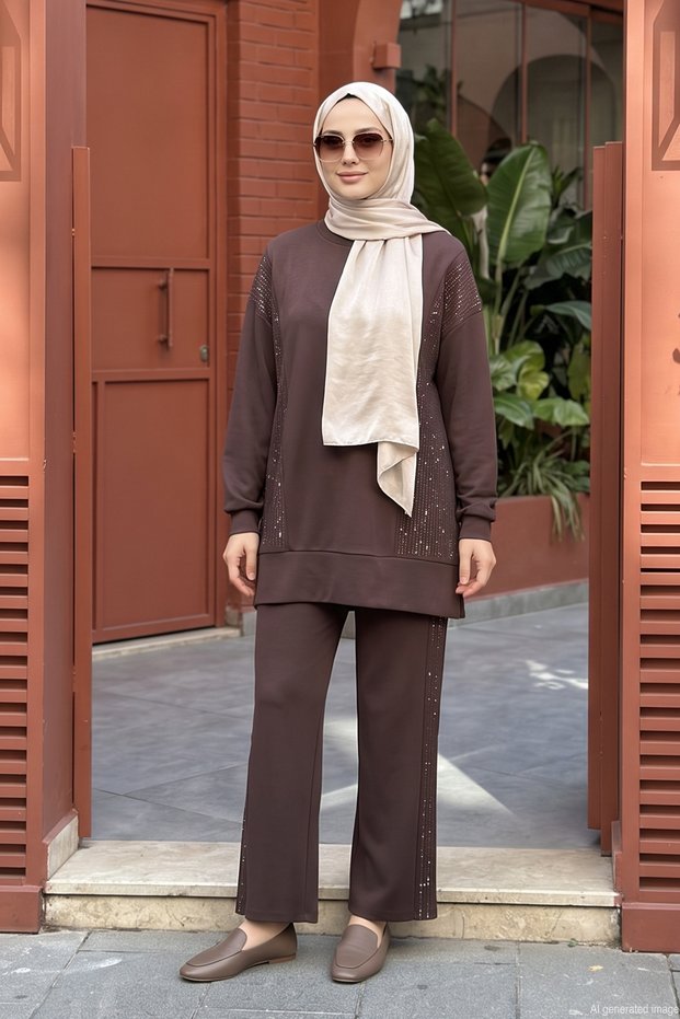 Stone Embellished Modal Pants Suit 120530 Brown