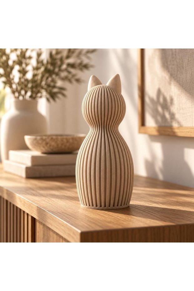 Cat Figurine Home Decor, Modern Minimalist Ribbed Statue for Shelf, Desk, Living Room & Bedroom
