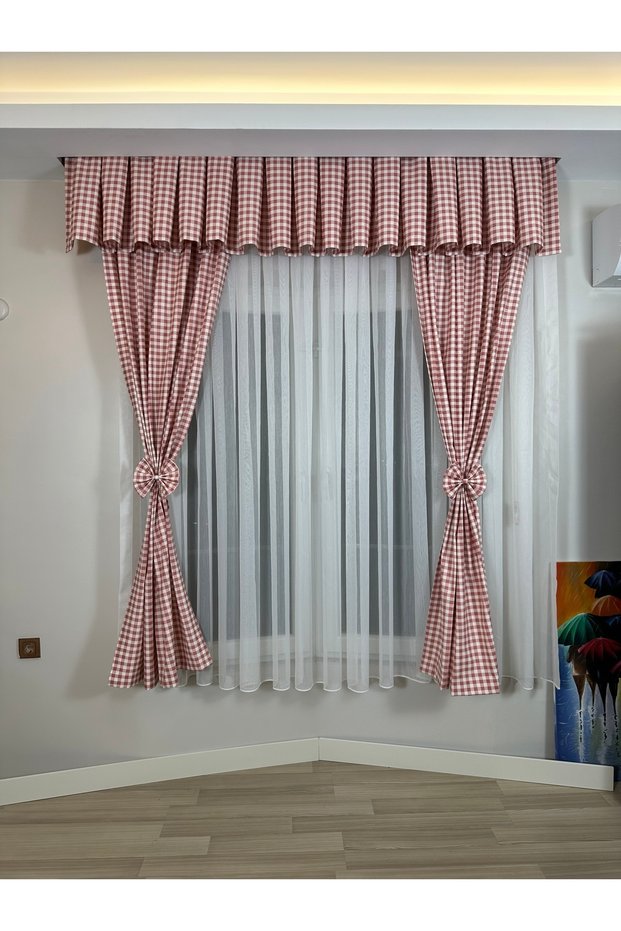 Kitchen Curtain, Closely Pleated, 1/3 Rose-Pink, Powder-Pink Gingham, Fringed, Short Curtain Rail, Drapery Curtain, Modern