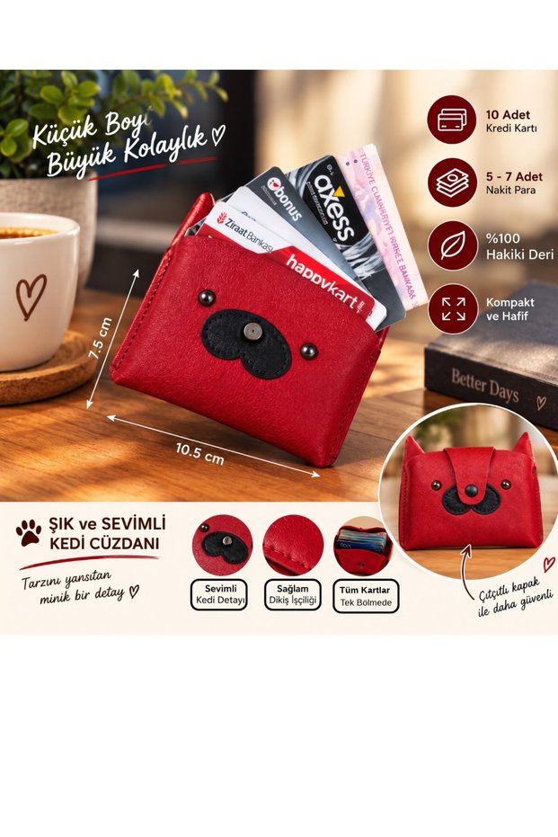 9CN Genuine Leather Cat-Printed Wallet—Small Size, Cute Unisex Card Holder with Snap Closure Lid for Cards and Cash—PISI MODEL