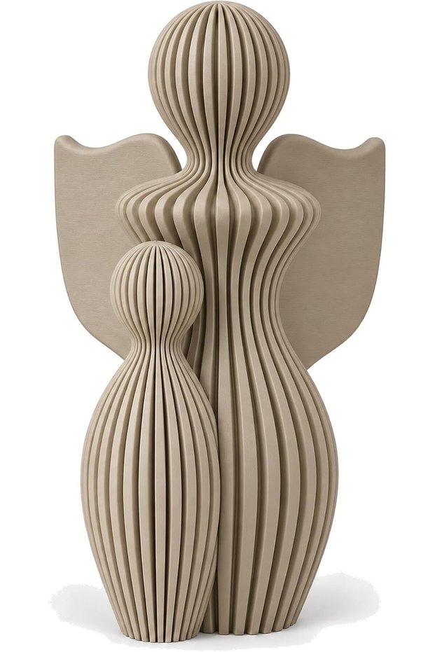 Guardian Angel with Child Figurine 13 cm, Modern Ribbed Angel Statue, Beige